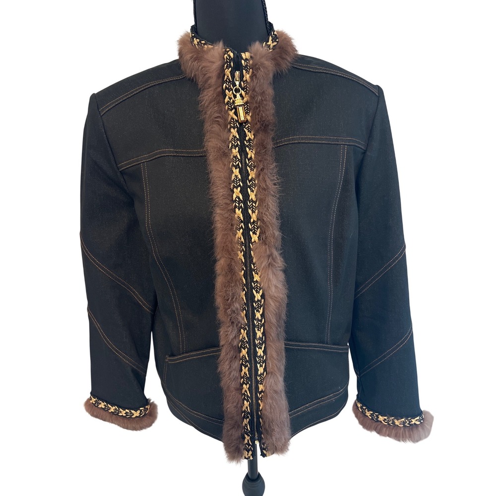 St John Collection Marie Gray Rabbit Fur Trim Denim Jacket Womens 8 Quiet Luxury